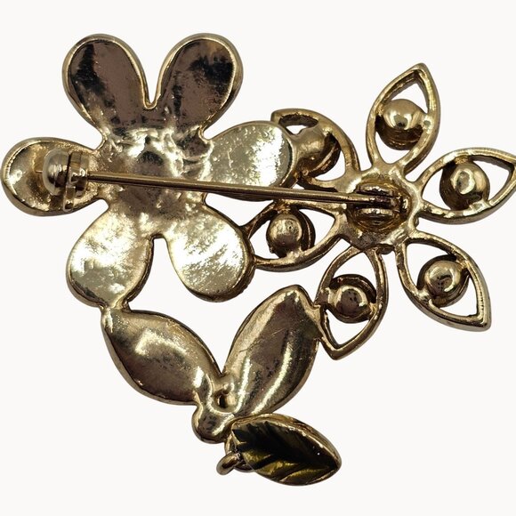 Gold Tone Purple Green Enamel Rhinestone Floral Whimsigoth Fairycore Boho Brooch - Picture 2 of 12